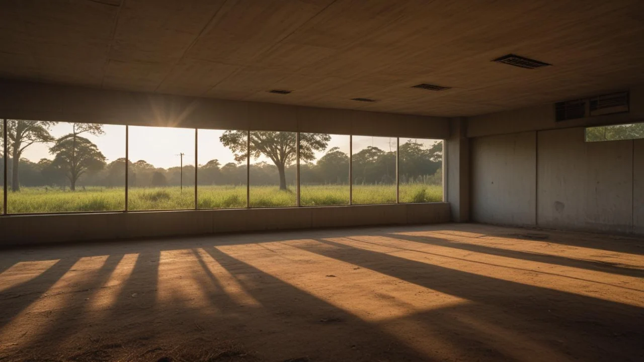 Interior amplo e vazio de um prédio público, com janelas compridas e luz do entardecer no piso