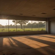 Interior amplo e vazio de um prédio público, com janelas compridas e luz do entardecer no piso