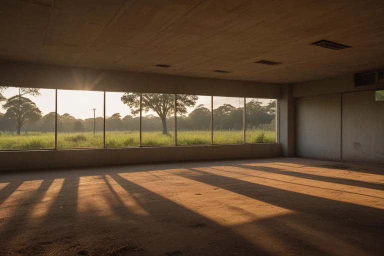 Interior amplo e vazio de um prédio público, com janelas compridas e luz do entardecer no piso