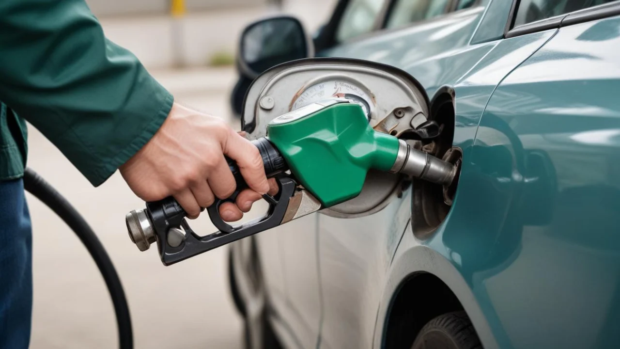 Mão segurando o bico de abastecimento verde ao lado da tampa do tanque de um carro em um posto de combustível, durante o dia