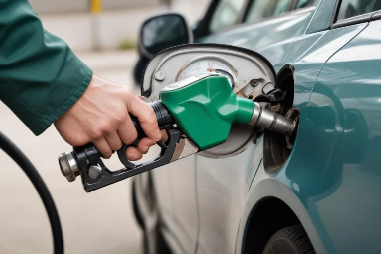 Mão segurando o bico de abastecimento verde ao lado da tampa do tanque de um carro em um posto de combustível, durante o dia
