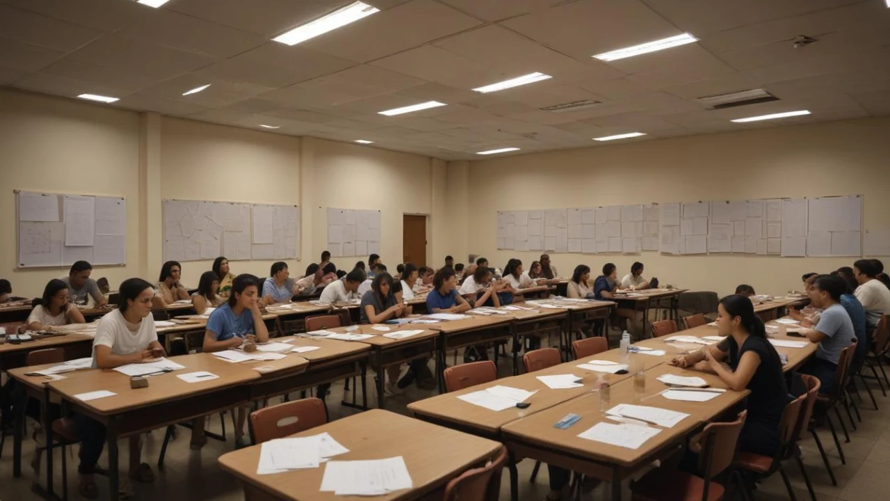 Estudo para concurso municipal em Louveira, com cadernos, lápis e computador sobre uma mesa iluminada pela luz da manhã.