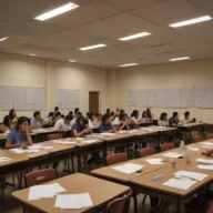 Estudo para concurso municipal em Louveira, com cadernos, lápis e computador sobre uma mesa iluminada pela luz da manhã.