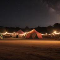 Tendas de circo iluminadas ao anoitecer em praça de bairro, com luzes penduradas e céu estrelado