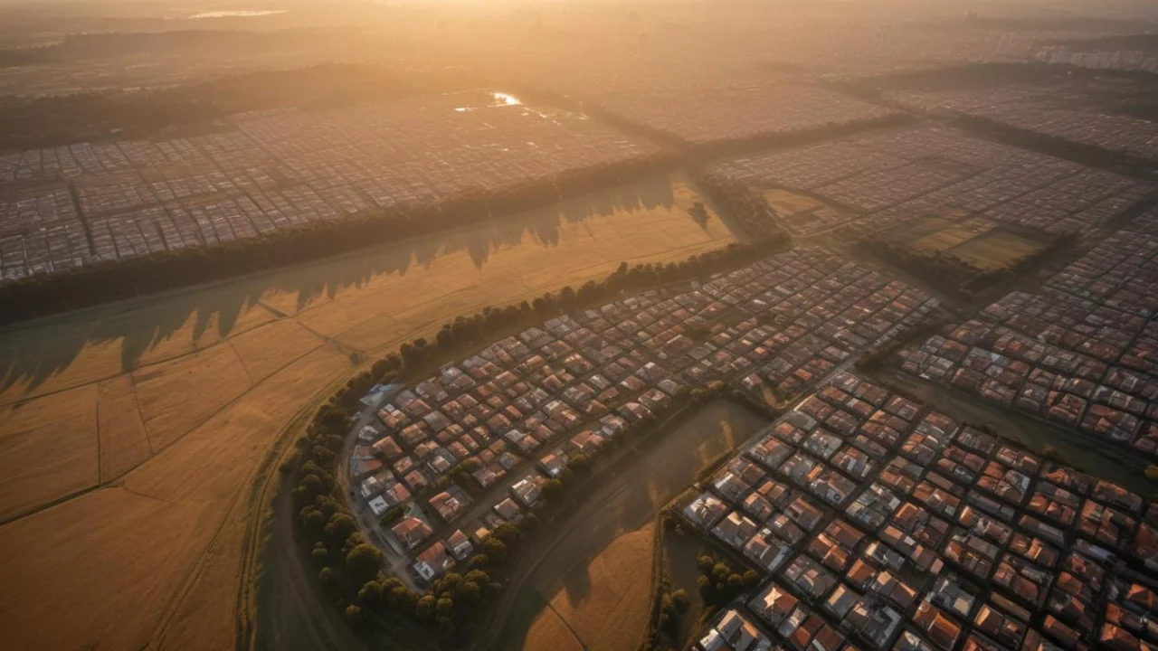 Vista aérea de cidade do interior ao amanhecer
