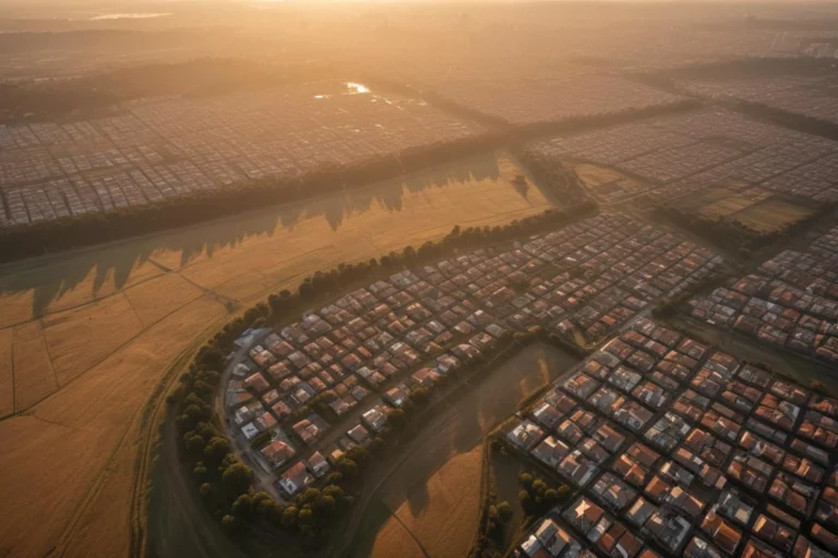 Vista aérea de cidade do interior ao amanhecer