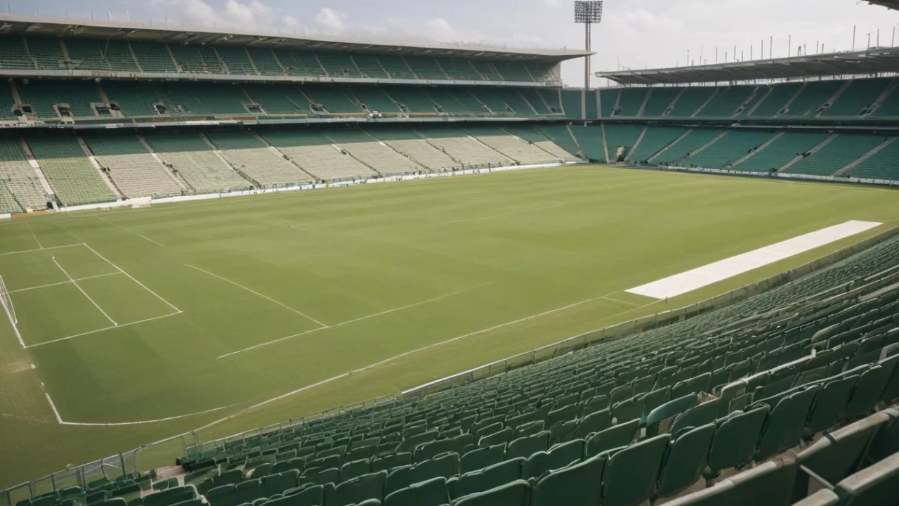 Estádio de futebol vazio no fim da tarde, com gramado verde e arquibancadas sem público