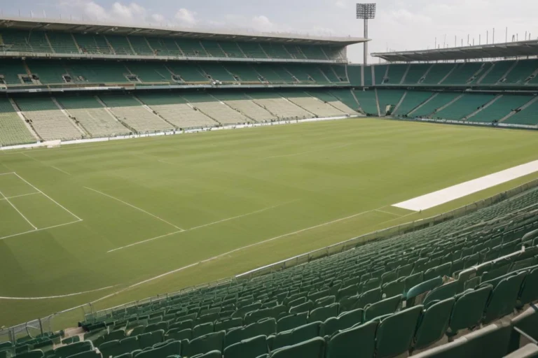 Estádio de futebol vazio no fim da tarde, com gramado verde e arquibancadas sem público