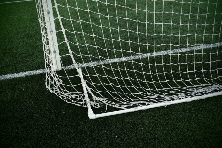 Rede de gol de campo de futebol com gramado aparado e linha branca demarcando a área