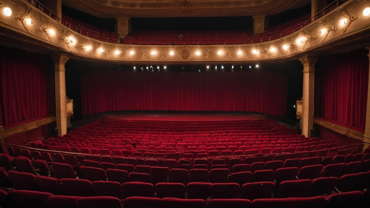 Teatro com cortina vermelha e poltronas vazias antes do espetáculo