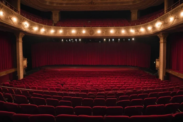 Teatro com cortina vermelha e poltronas vazias antes do espetáculo