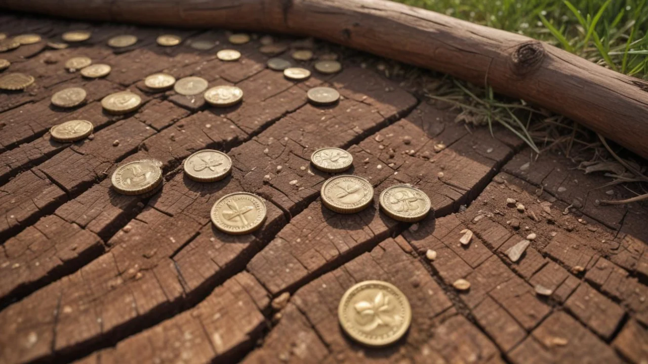 Moedas metálicas distribuídas sobre uma superfície de madeira, em foto de perto