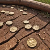 Moedas metálicas distribuídas sobre uma superfície de madeira, em foto de perto