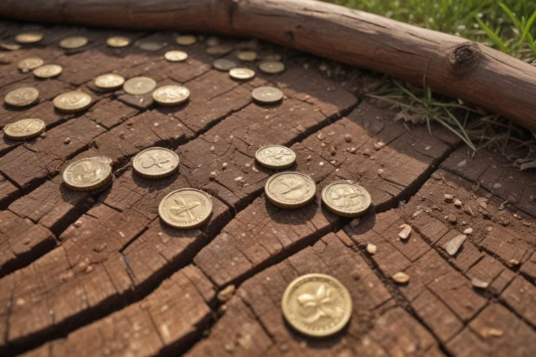 Moedas metálicas distribuídas sobre uma superfície de madeira, em foto de perto