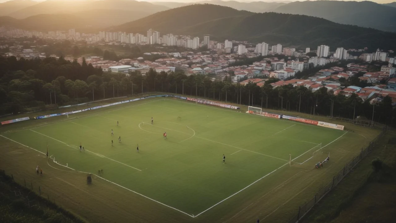 Campo de futebol com bolas e cones de treinamento ao fim da tarde, sem pessoas.