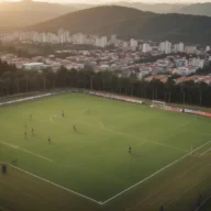 Campo de futebol com bolas e cones de treinamento ao fim da tarde, sem pessoas.