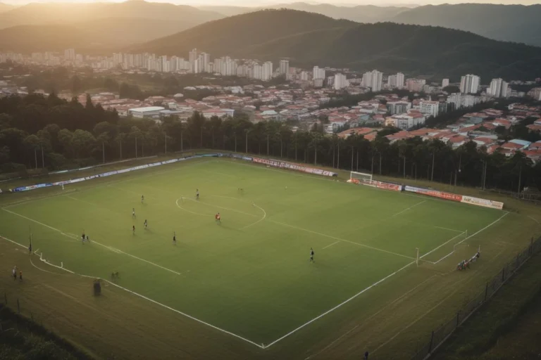 Campo de futebol com bolas e cones de treinamento ao fim da tarde, sem pessoas.
