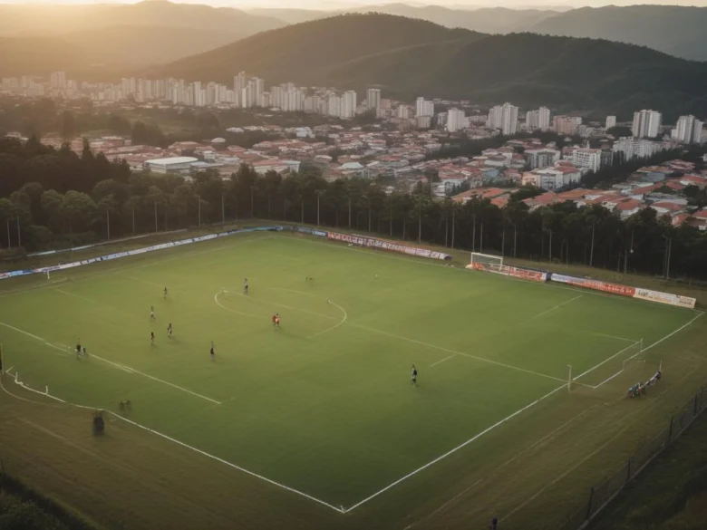 Campo de futebol com bolas e cones de treinamento ao fim da tarde, sem pessoas.