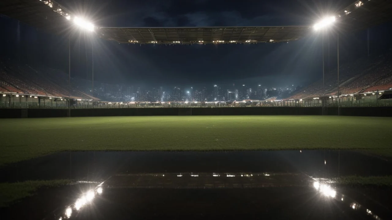 Gramado de futebol em Mirassol à noite, com bola junto à linha lateral, refletores e arquibancadas desfocadas.