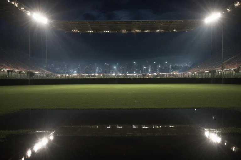 Gramado de futebol em Mirassol à noite, com bola junto à linha lateral, refletores e arquibancadas desfocadas.