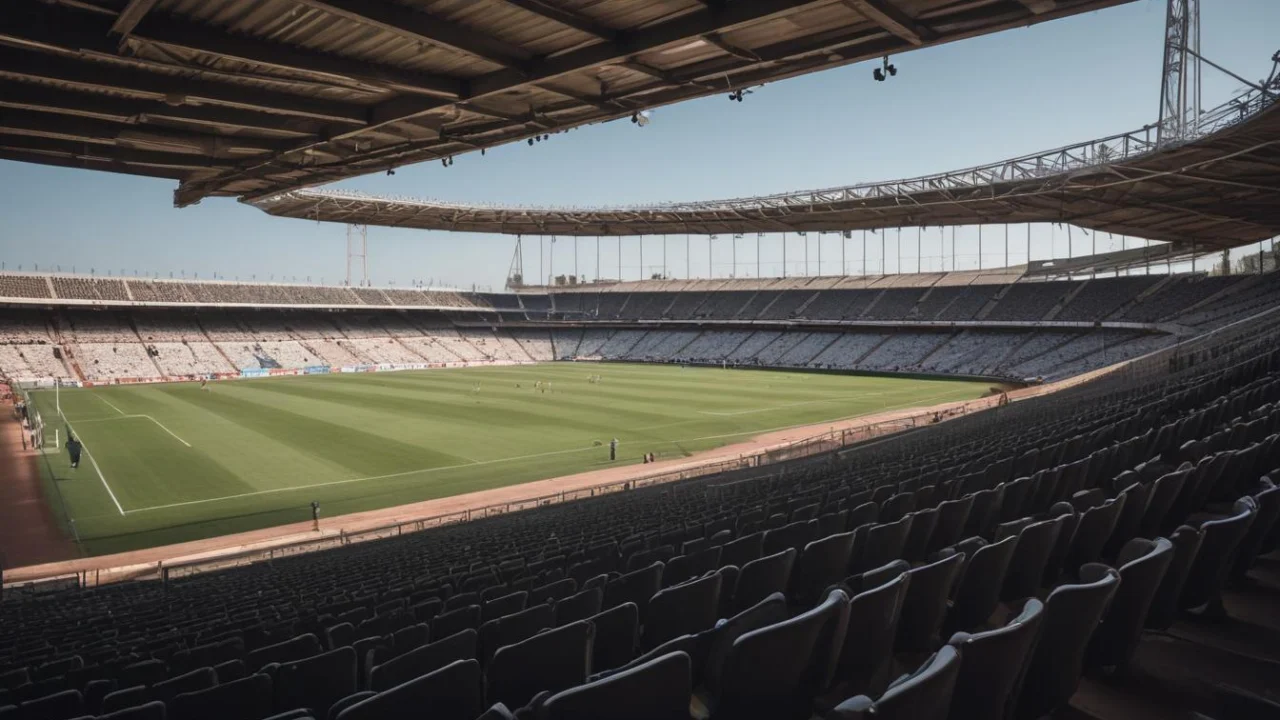 Arquibancadas vazias de estádio de futebol com o campo verde iluminado ao fundo