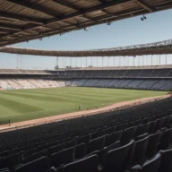 Arquibancadas vazias de estádio de futebol com o campo verde iluminado ao fundo