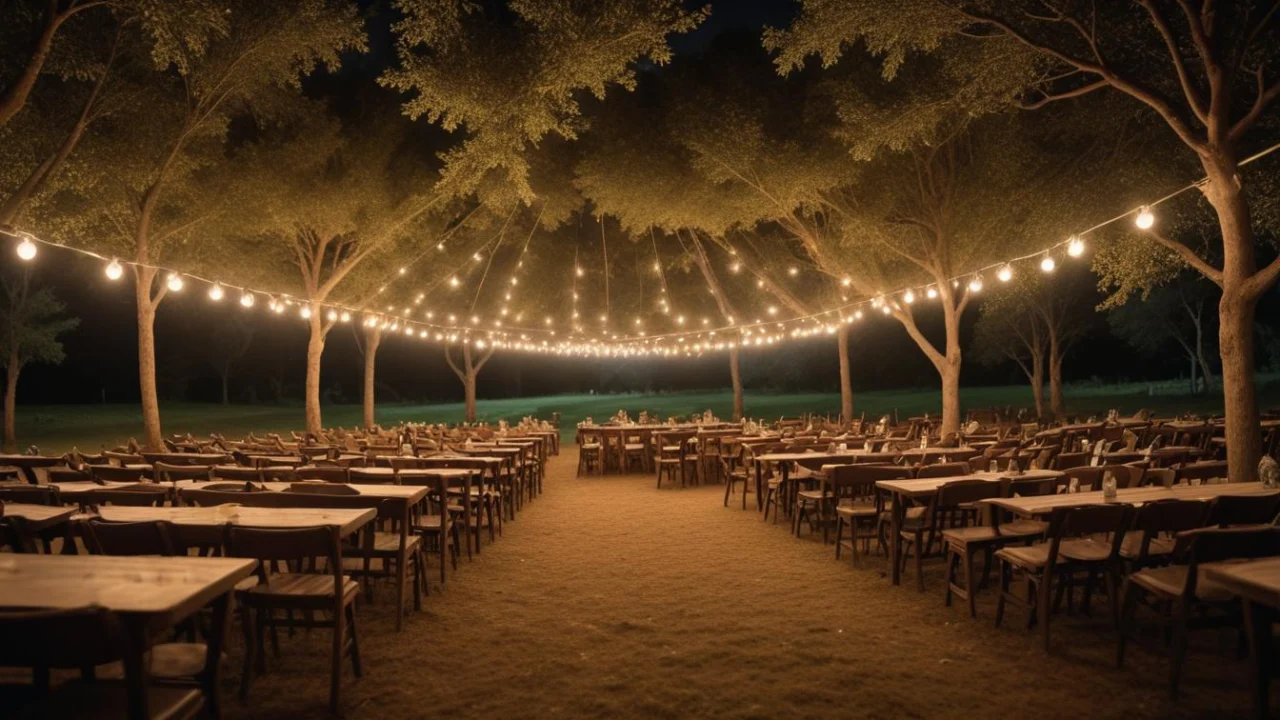 Espaço de conferências vazio com cadeiras e púlpito centralizado em um pavilhão de eventos.