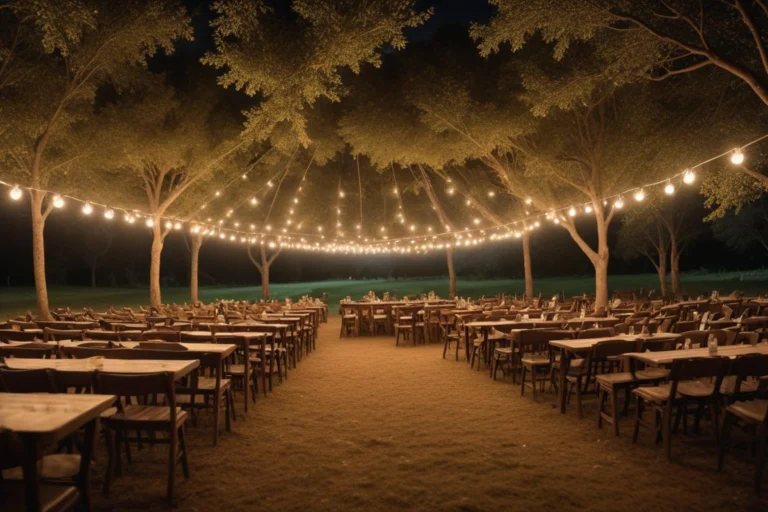 Espaço de conferências vazio com cadeiras e púlpito centralizado em um pavilhão de eventos.