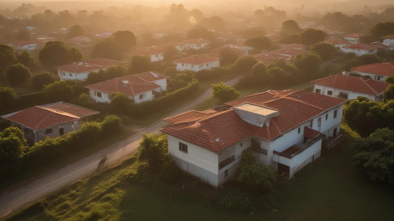 Bairro residencial de casas com telhados vermelhos visto do alto ao amanhecer, em rua tranquila e sem pessoas