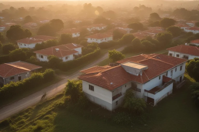 Bairro residencial de casas com telhados vermelhos visto do alto ao amanhecer, em rua tranquila e sem pessoas