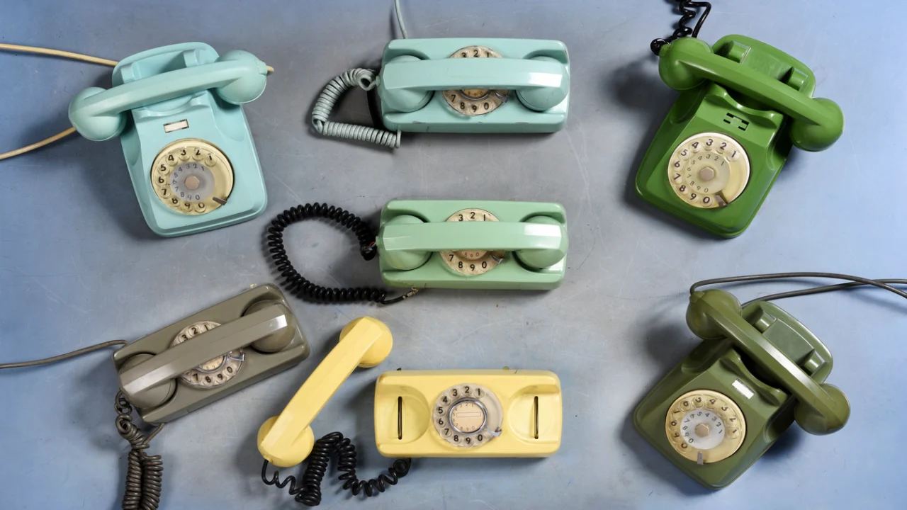 Telefones antigos de disco expostos em vitrine com luz suave.
