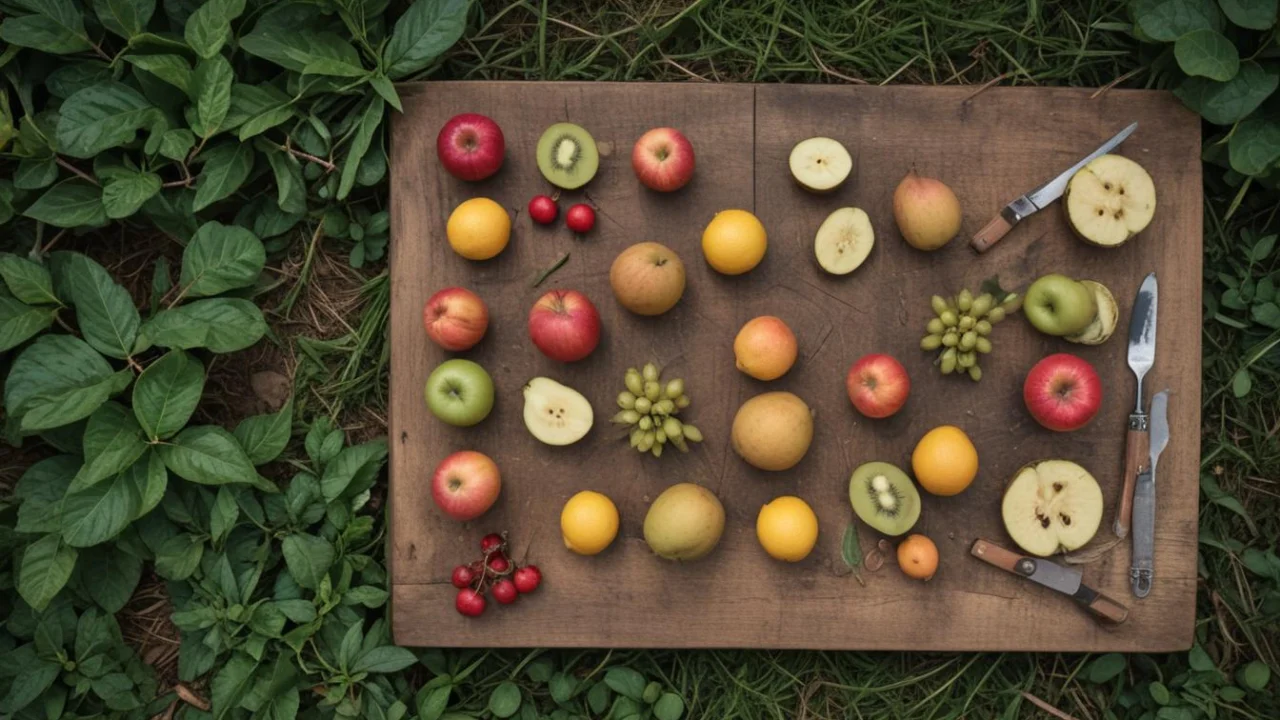 Frutas frescas dispostas sobre tábua de madeira, em cena de alimentação