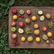 Frutas frescas dispostas sobre tábua de madeira, em cena de alimentação