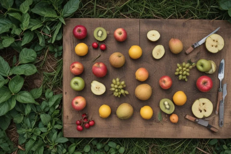 Frutas frescas dispostas sobre tábua de madeira, em cena de alimentação