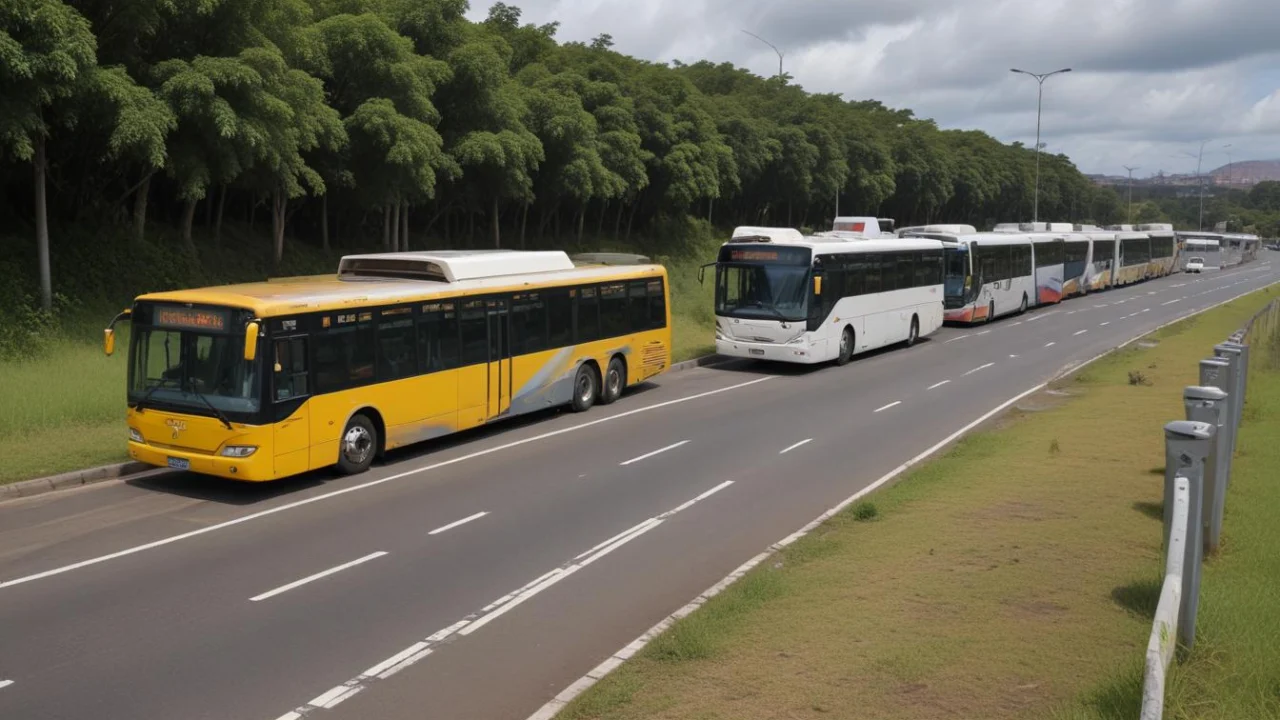 Ônibus urbanos enfileirados em pista de rodovia, sob céu nublado