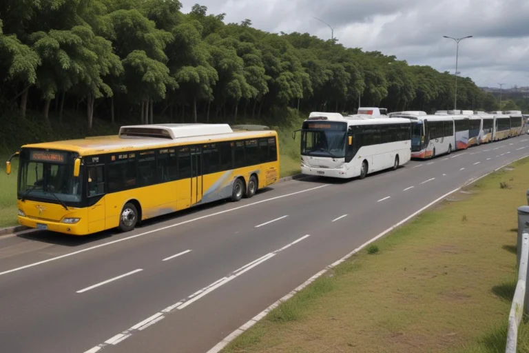 Ônibus urbanos enfileirados em pista de rodovia, sob céu nublado