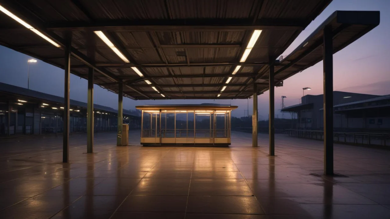 Plataforma de terminal rodoviário vazia ao anoitecer