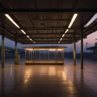 Plataforma de terminal rodoviário vazia ao anoitecer
