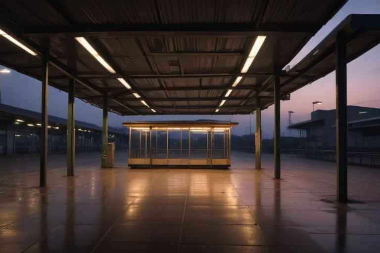 Plataforma de terminal rodoviário vazia ao anoitecer