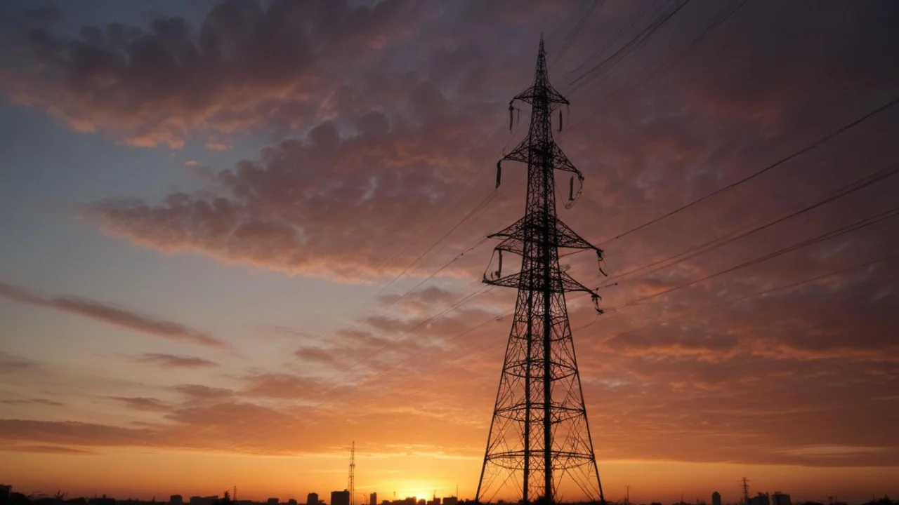 Torre metálica de transmissão de energia e cabos contra o céu no fim da tarde