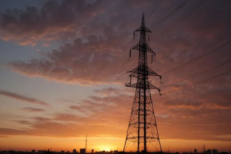 Torre metálica de transmissão de energia e cabos contra o céu no fim da tarde