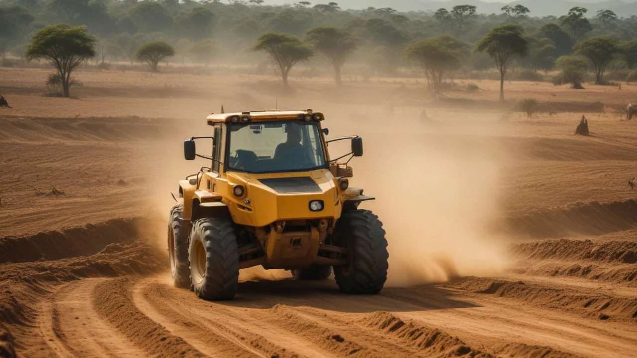 Pátio de terra em obra rural com máquina pesada amarela em movimento sob céu claro