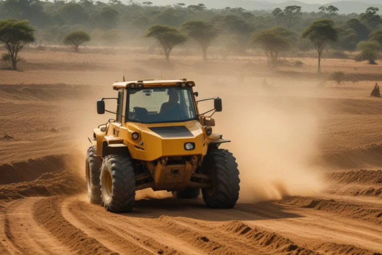 Pátio de terra em obra rural com máquina pesada amarela em movimento sob céu claro