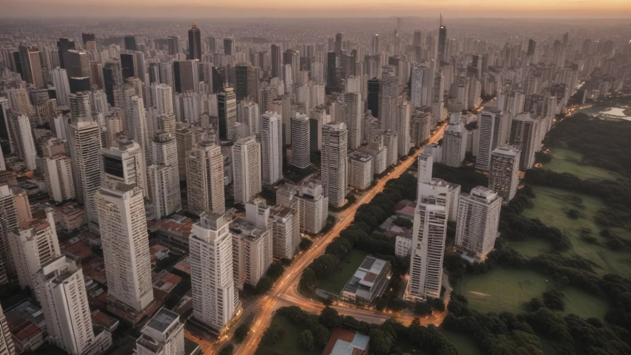 Vista da Avenida Paulista com edifícios e árvores sob céu nublado.