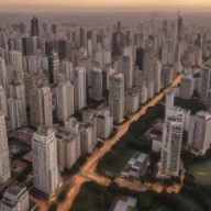 Vista da Avenida Paulista com edifícios e árvores sob céu nublado.