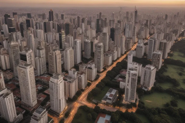 Vista da Avenida Paulista com edifícios e árvores sob céu nublado.
