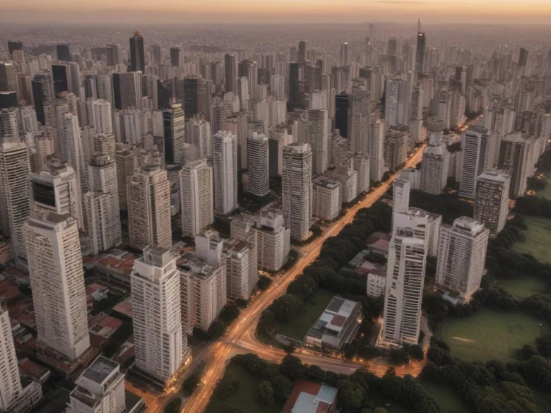 Vista da Avenida Paulista com edifícios e árvores sob céu nublado.