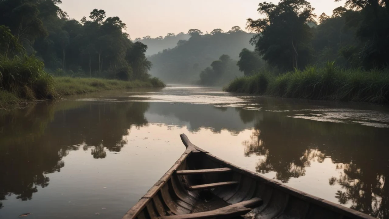Canoa em trecho calmo de rio ao amanhecer, com mata ciliar nas margens e neblina sobre a água