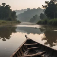 Canoa em trecho calmo de rio ao amanhecer, com mata ciliar nas margens e neblina sobre a água