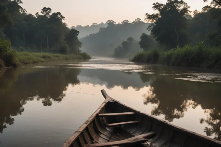 Canoa em trecho calmo de rio ao amanhecer, com mata ciliar nas margens e neblina sobre a água